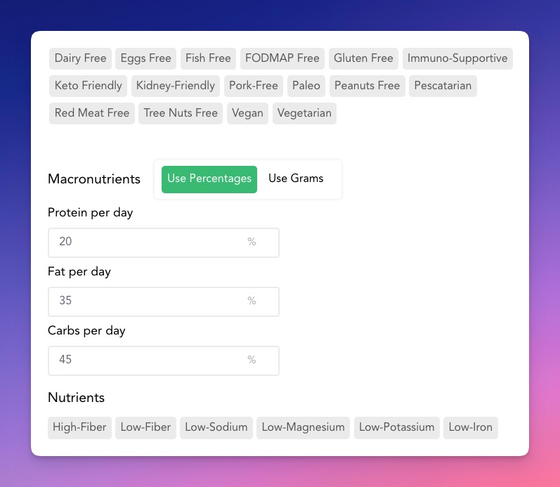 automated meal plan settings
