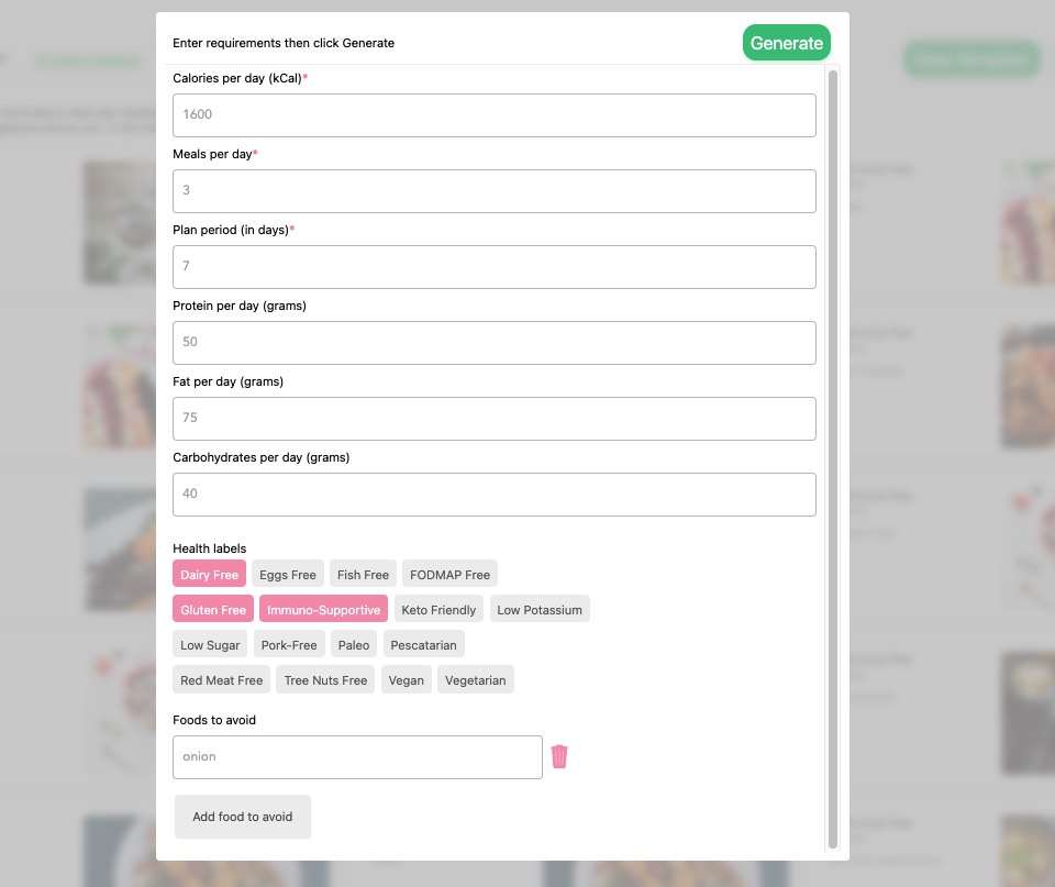meal plan template generation feature