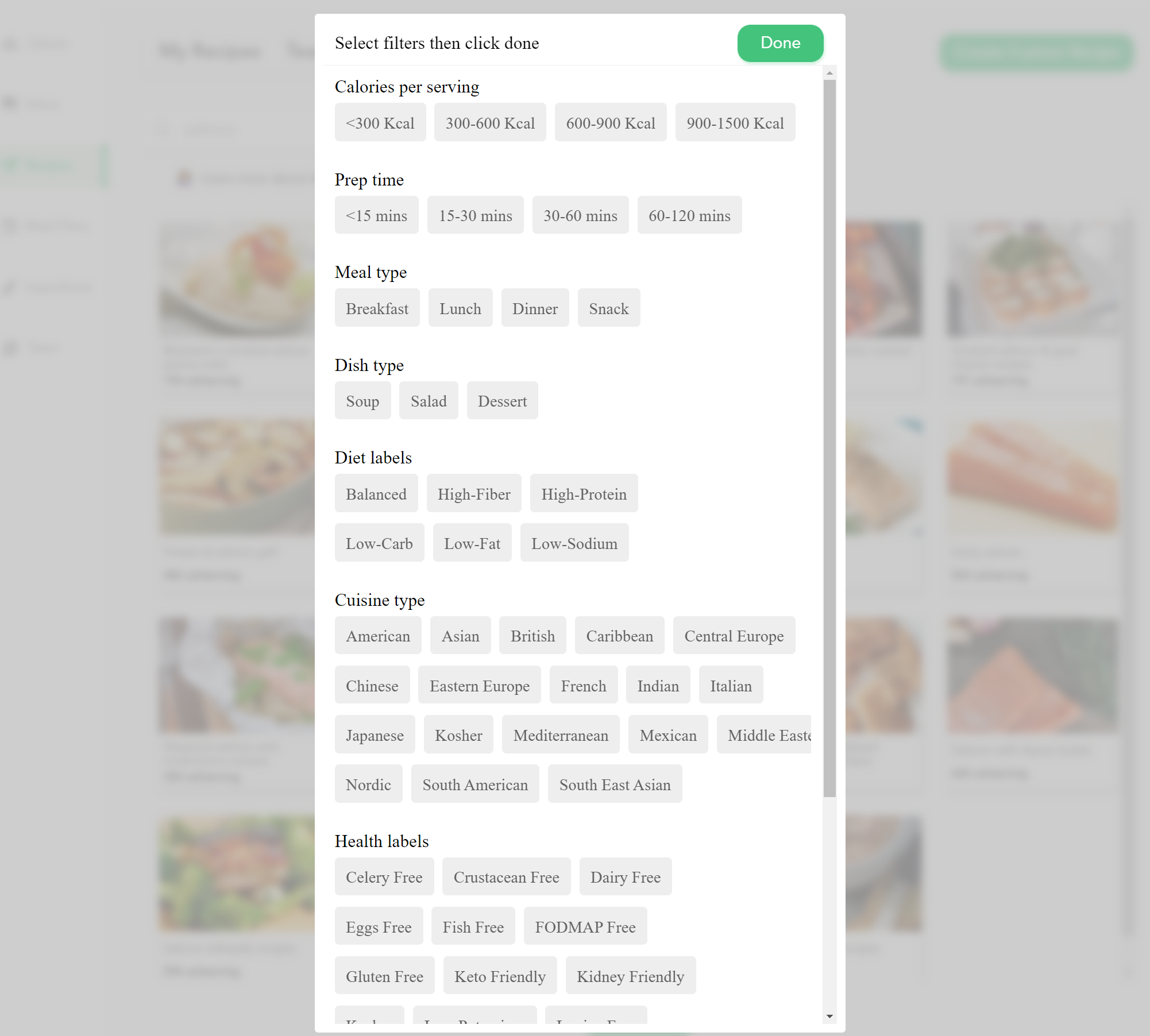 Recipes filters feature